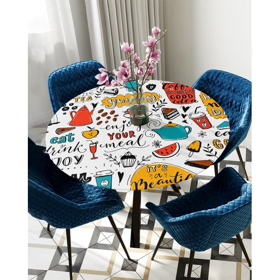Table Cover Cafe Graffiti Dessert Colorful Round Tablecloth Elastic Indoor Outdoor Waterproof Dinin
