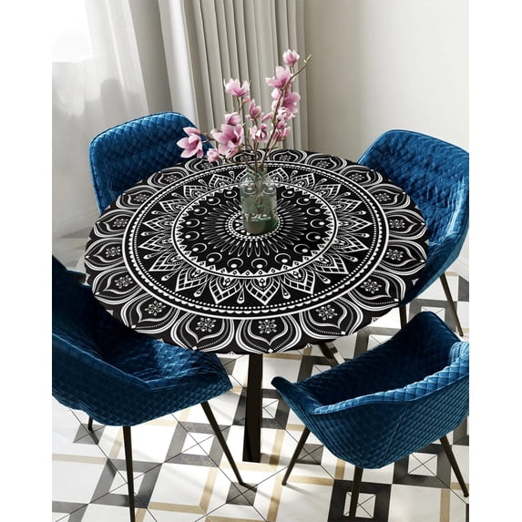 Table Cover Classic Mandala Round Elastic Edged Protector Cloth Waterproof Polyester Tablecloth Rec