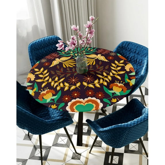 Table Cover Colorful Mexico Flower Bird Round Elastic Edged Protector Cloth Waterproof Polyester Re
