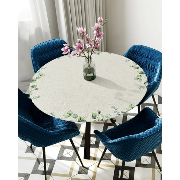 Table Cover Eucalyptus Leaves Plant Round Elastic Edged Protector Cloth Waterproof Polyester Rectan