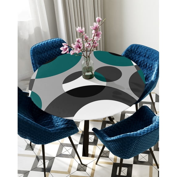 Table Cover Geometry Blue-Green Gray Round Tablecloth Elastic Indoor Outdoor Waterproof Dining Tabl