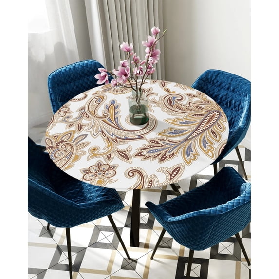 Table Cover Mandala Pattern Retro Blue Round Elastic Edged Protector Cloth Waterproof Polyester Rec
