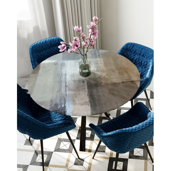 Table Cover Oil Painting Abstract Geometric Brown Round Waterproof Tablecloth Elastic Table Cloth Co