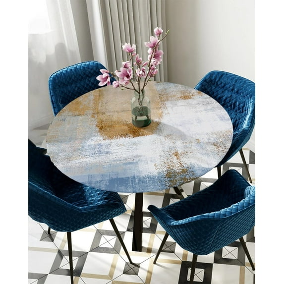 Table Cover Oil Painting Abstract Geometric Caramel Orange Round Elastic Edged Protector Cloth Wate