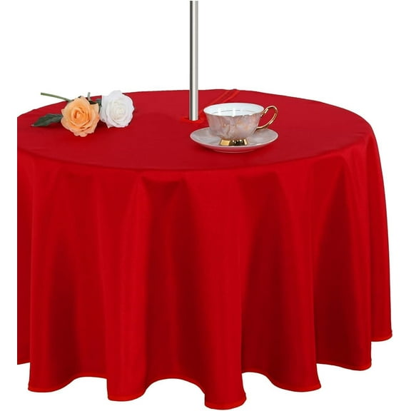 Table Cover Outdoor and Indoor Tablecloth - Washable Waterproof Wrinkle Free Table Cloth with Zipper and Umbrella Hole for Spring/Summer/Party/Picnic/BBQS/Patio Red 60R
