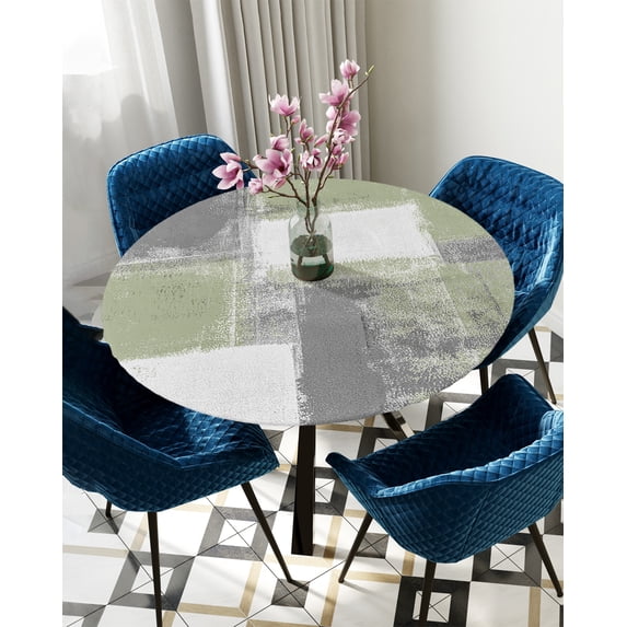 Table Cover Sage Green Oil Painting Texture Paint Round Tablecloth Elastic Waterproof Dining Table