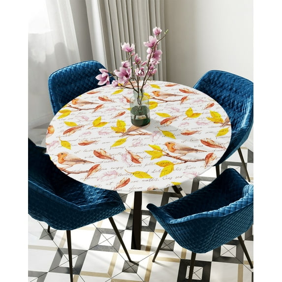 Table Cover Teal Gradient Flower Plant Bird Round Elastic Edged Protector Cloth Waterproof Polyeste