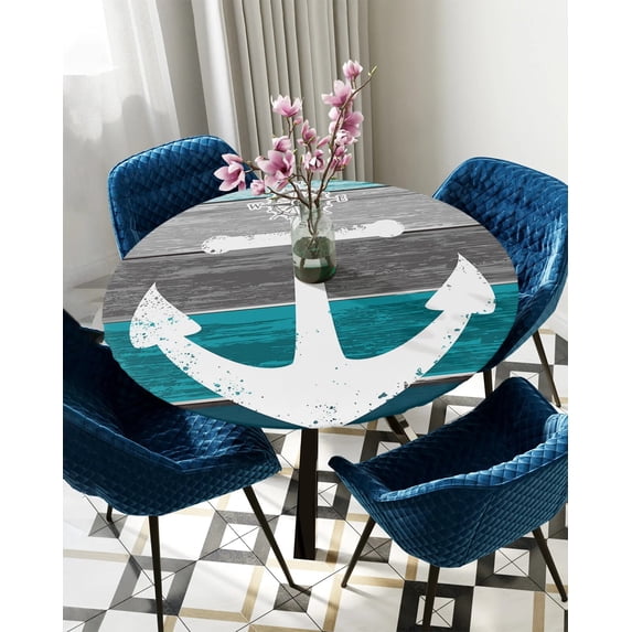 Table Cover Vintage Farm Barn Wood Grain Anchor Blue Round Elastic Edged Protector Cloth Waterproof