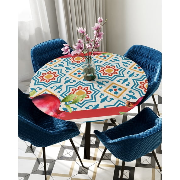 Table Cover Vintage Pomegranate Geometric Pattern Round Tablecloth Elastic Waterproof Dining Table