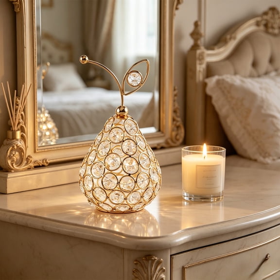Table Decor Crystal Candlestick Holder Metal Fruit Shaped Decorative Ornament Gold Home Decor Centerpiece for Living Room Office Desk Party Wedding Shelf Mantel Display Accent