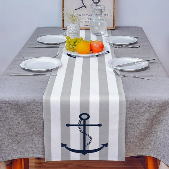 Table Decor Table Runner Grey Stripes Anchor Pattern Coffee Table Cover Cloth Wedding Party Restaurant Table Runner