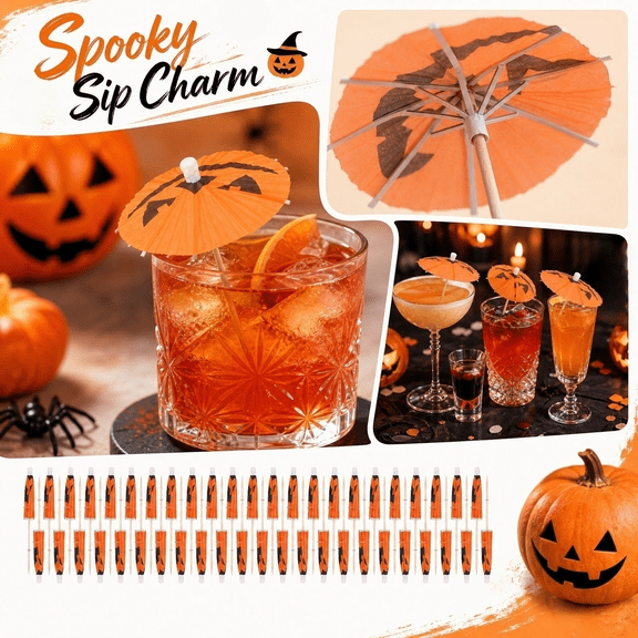 Table Decorations for Party, Halloween Mini Umbrella Cocktail Toothpicks 50 Count, Halloween Pumpkin Decorations, Halloween Party Favors Bulk, 3.5 Inch Diameter Wood Stick