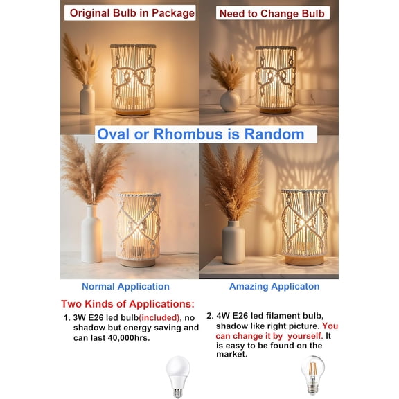 Table Desk Lamp,Small Boho Hollow-Out Decorative Bohemian Macrame Handmade Nightstand Night Light Solid Wood Base Lamp for Bedroom,Living Room Or End Table with Bulb(Creamy-White)