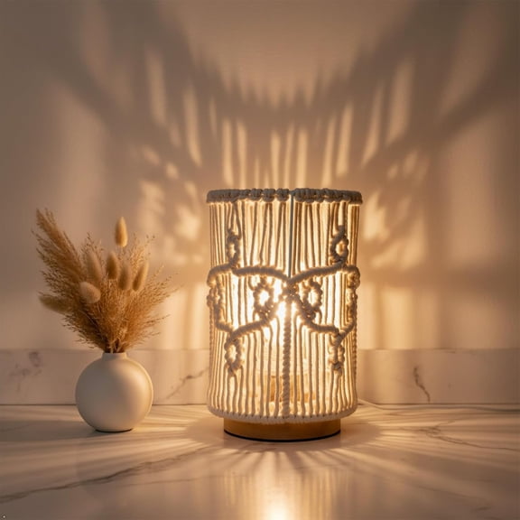 Table Desk Lamp,Small Boho Hollow-Out Decorative Bohemian Macrame Handmade Nightstand Night Light Solid Wood Base Lamp for Bedroom,Living Room Or End Table with Bulb(Creamy-White)
