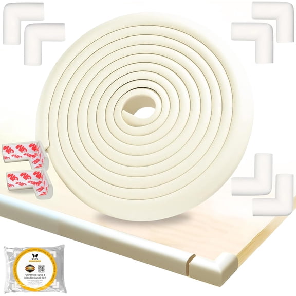 Table Edge Protector for Baby Proofing (18ft Edge+8 Corners) Baby Proof Corners and Edges Guard, Soft NBR Rubber Foam 3M Adhesive, Furniture Corner & Edge Safety Bumpers for Table & Fireplace-White