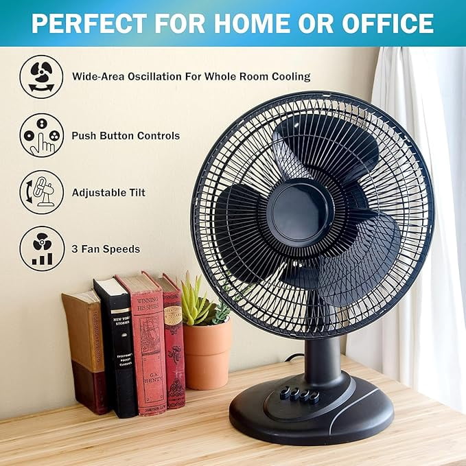 Table Fan Desktop Fan with Push Button Controls, Adjustable Tilt, Wide ...