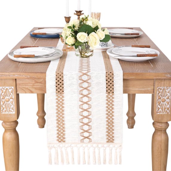 Table for Home Decor with Tassels 72 Inches Long Farmhouse Rustic Table Runner Cream & Brown Macrame Burlap Fall Table Decoration for Living Room Bridal Shower (12x72 Inches) - Style 2