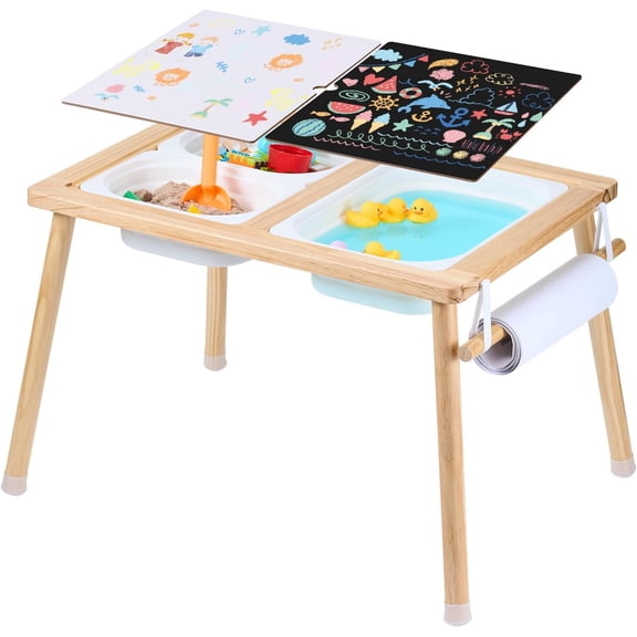 Table, Kids Sensory Table for Toddlers, Kids Activity Desk with 3 Foldable Storage Bins & Paper Roll Holder, Wooden Toddler Activity Drawing Desk, Indoor/Outdoor Play Sand and Water