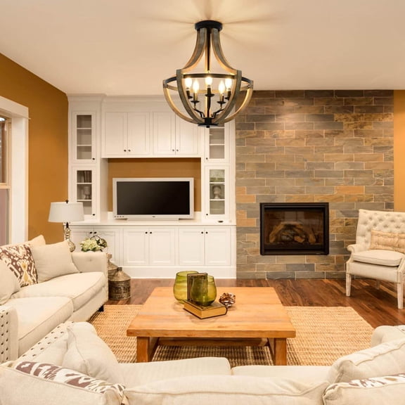 Table Lamp 19" Farmhouse Chandelier Light Fixtures, 5-Light Dining Room Light Fixtures Over Table, Solid Wood Modern Chandeliers for Dining Room Living Room Kitchen Island Bedroom Foyer, Height Adjus