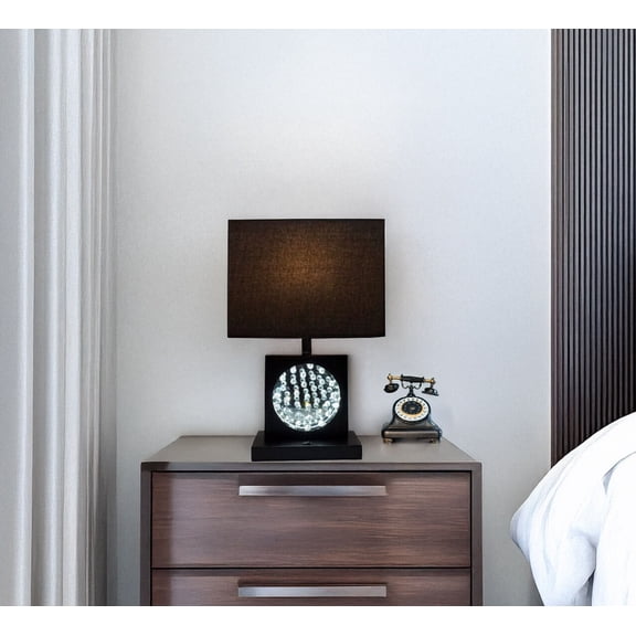 Table Lamp 22"H BLACK PEWTER SQUARE CRYSTAL CENTERPIECE WITH NIGHT LIGHT, USB PORT + POWER OUTLET,Bedroom Lamp
