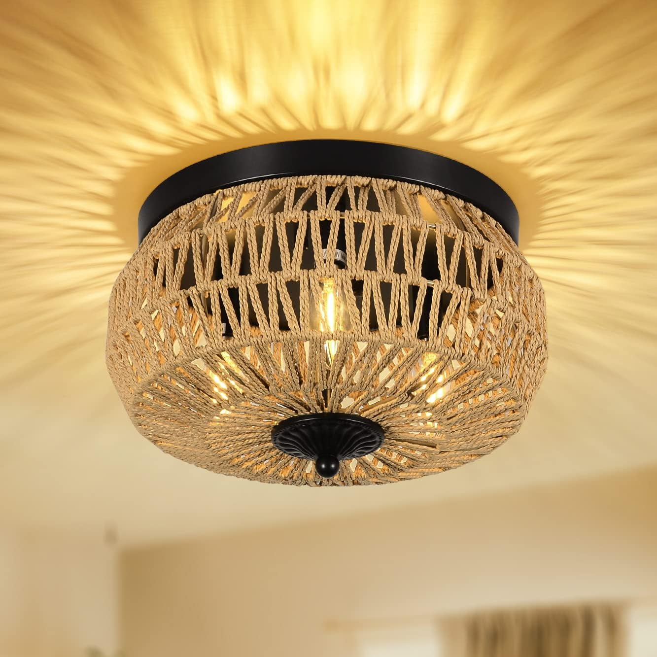 Table Lamp 3-Lights Woven Rattan Flush Mount Ceiling Light Fixture with Hand-Worked Cage Shade for Bedroom, Kitchen, Foyer, Porch,Bedroom Lamp