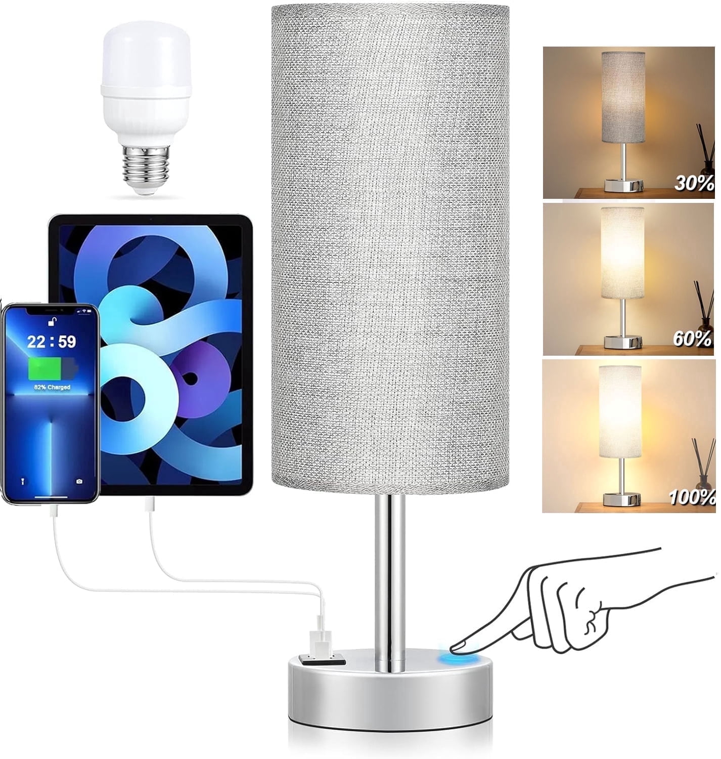 HadinEEon Table Lamp, 3 Way Dimmable Light Touch Lamp, USB C&A Fast Charging Ports, Fabric Shade Silver Base Lamp, for Bedroom, Living Room, Office, Dorm