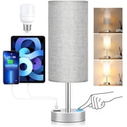 HadinEEon Table Lamp, 3 Way Dimmable Light Touch Lamp, USB C&A Fast Charging Ports, Fabric Shade Silver Base Lamp, for Bedroom, Living Room, Office, Dorm