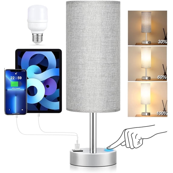 GVDV HOME Table Lamp, 3 Way Dimmable Light Touch Lamp, USB C&A Fast Charging Ports, Fabric Shade Silver Base Lamp, for Bedroom, Living Room, Office, Dorm