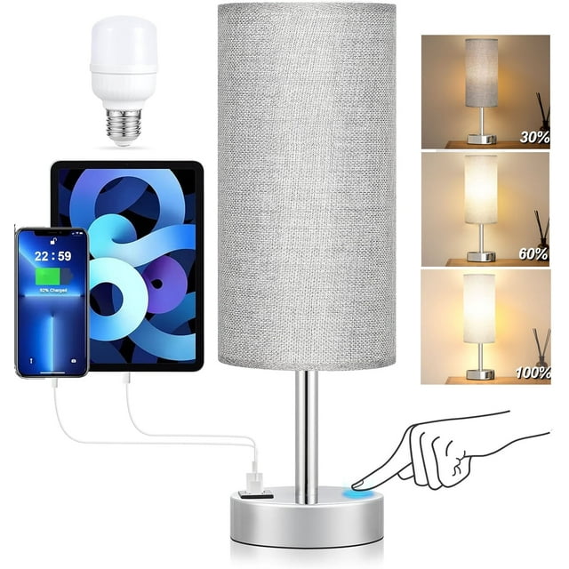 Table Lamp, 3 Way Dimmable Light Touch Lamp, USB C&A Fast Charging Ports, Fabric Shade Silver Base Lamp, for Bedroom, Living Room, Office, Dorm