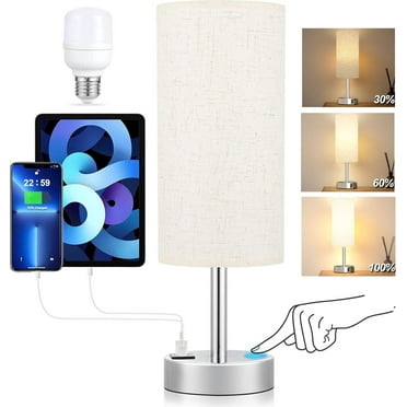 HadinEEon 15.4" Table Lamp, 3 Way Dimmable Light Touch Lamp, USB C&A Fast Charging Ports, Fabric Shade Silver Base, for Bedroom, Living Room, Office