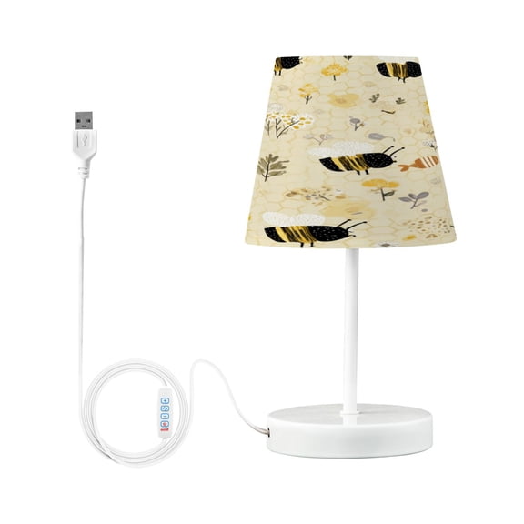 Table Lamp Adjustable 3 Color & 10 Brightness Levels Desk Lamp Linen Shade USB Powered for Bedrooms and Bedside Tables Cute Bees and Honeycomb Pattern Small
