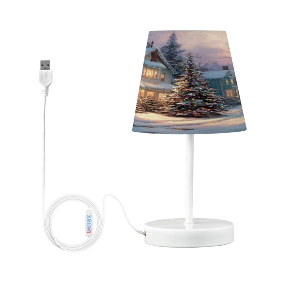 Table Lamp Adjustable 3 Color & 10 Brightness Levels Desk Lamp Linen Shade USB Powered for Bedrooms and Bedside Tables Magical Snow-covered Village Small