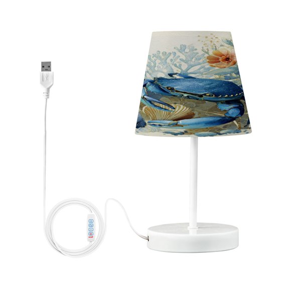 Table Lamp Adjustable 3 Color & 10 Brightness Levels Desk Lamp Linen Shade USB Powered for Bedrooms and Bedside Tables Blue Crab and Shells Small