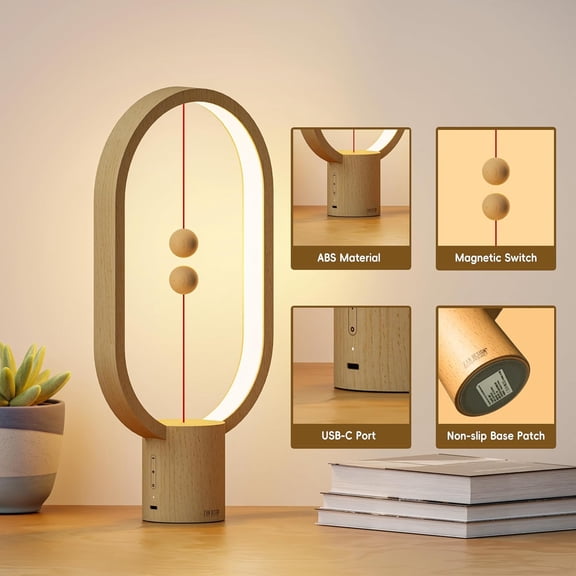 Table Lamp for Bedroom - Balance Lamp with Touch Dimmer, Christmas Gifts, Nightstand Lamp, 3 Level Brightness Rechargered Night Light for Home, Office, College Dorm (Wood Color)