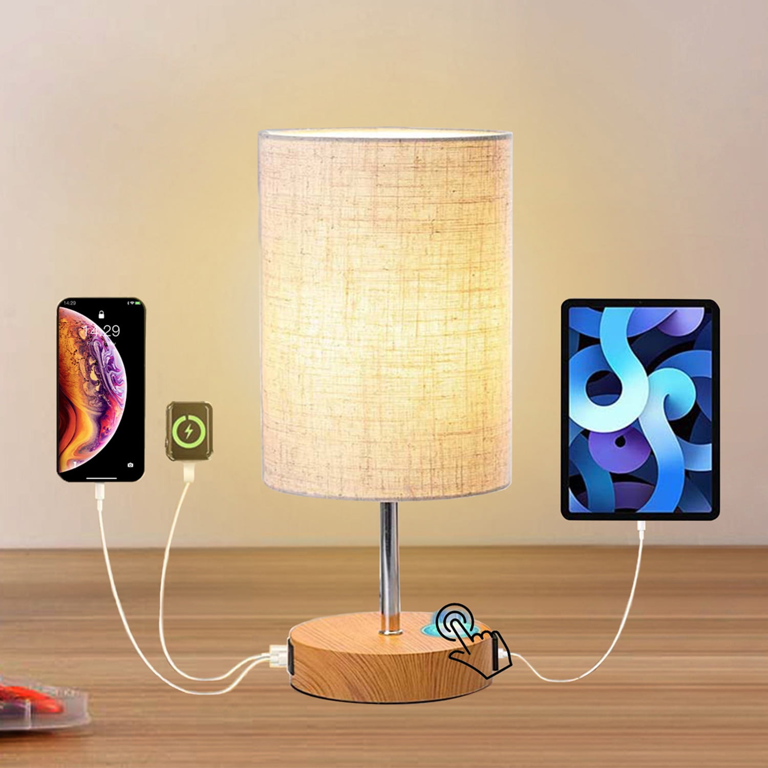 Table Lamp for Bedroom Bedside Lamp Touch Control with USB A+C Charging