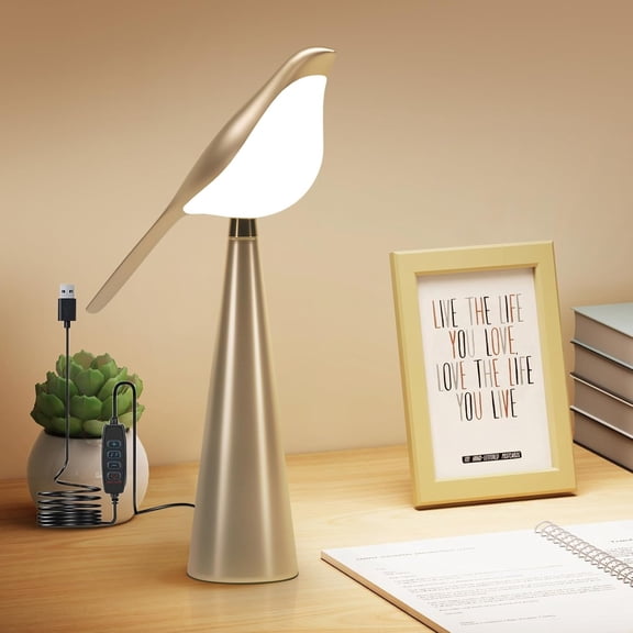 Table Lamp for Bedroom, Bird Night Light, 10 Level Dimmable Brightness Bedside Lamps, Desk Lamp for Dorm, Office, Gift, Reading, 3 Colors, Metal Finish, Gold, 360° Rotation