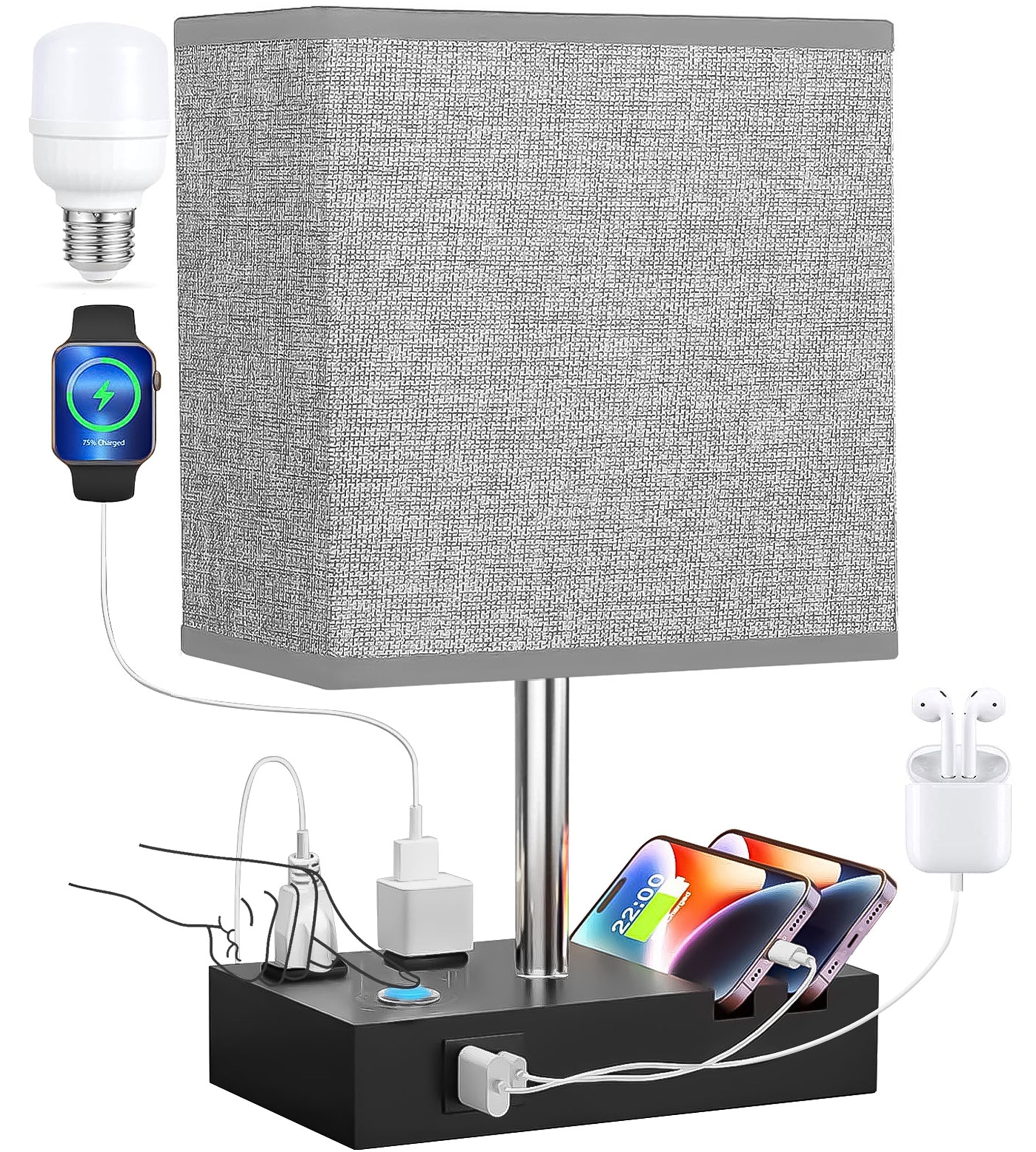 Table Lamp for Bedroom with Fast USB A&C Charging Ports, Bedside Lamps with 2 Phone Stands, 2 and 3-prong AC Charging Outlets, Touch Lamp for Living Room, Dorm, Home Office
