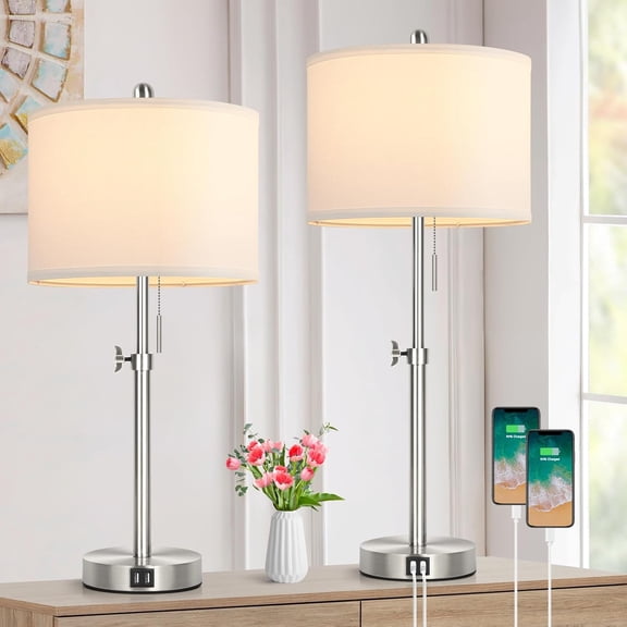 Table Lamp for Bedroom Set of 2, 23" to 30" Height Adjustable Bedside Lamp with 2 USB Ports, Black Nightstand Lamp with White Shade, Modern Pull Chain Table Lamp for Living Room End Table