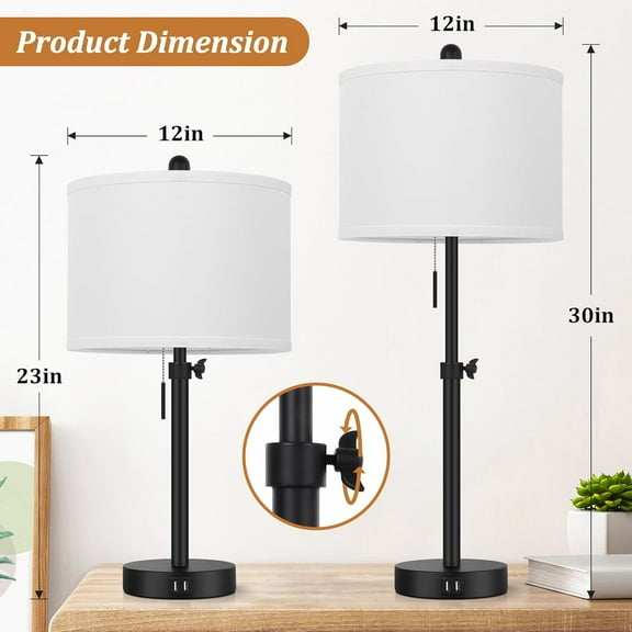 Table Lamp for Bedroom Set of 2, 23" to 30" Height Adjustable Bedside Lamp with 2 USB Ports, Black Nightstand Lamp with White Shade, Modern Pull Chain Table Lamp for Living Room End Table