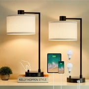 NATYSWAN Table Lamp for Bedroom Set of 2 with USB C+A Ports, Fully Stepless Dimmable Bedside Lamp with Linen Lampshade, Contemporary Lamp for Living Room Reading Office, 2 LED Bulbs Included (Black)