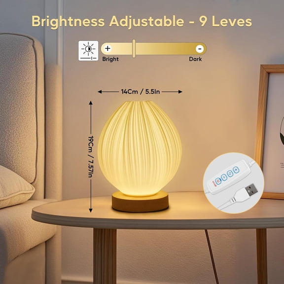 Table Lamp Bedside Small Side Table Lamp with Woodbase Peach 3D Printing Button Control Table USB Lamp Dimmable Nightstand Lamp with PLA Lampshade for Living Room Bedroom Decor