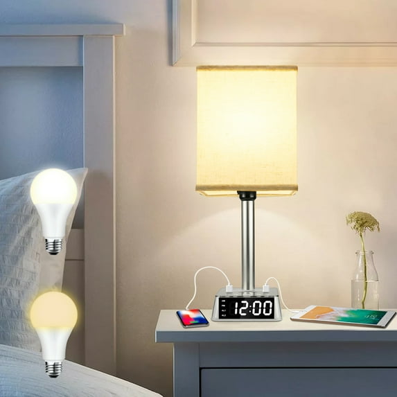Table Lamp - Bedside Table Lamps with 4 USB Ports and AC Power Outlets, Alarm Clock Base w/ 6Ft Extension Cord, Modern Nightstand Lamps for Bedrooms Living Room