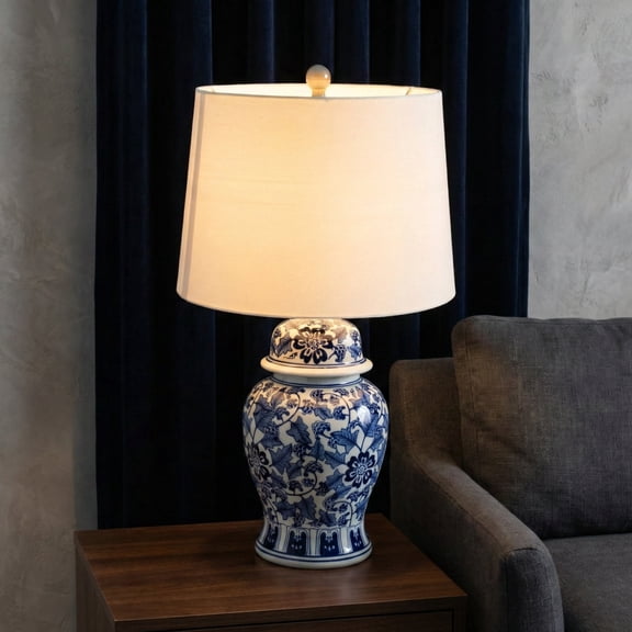 Traditional Floral Ceramic Base Table Lamp for Home Decor - Chinoserie Display for Bedroom and Living Room Styling - Decorative Bedside Lamp for Nightstand and Desk Accent - 25", Blue & White
