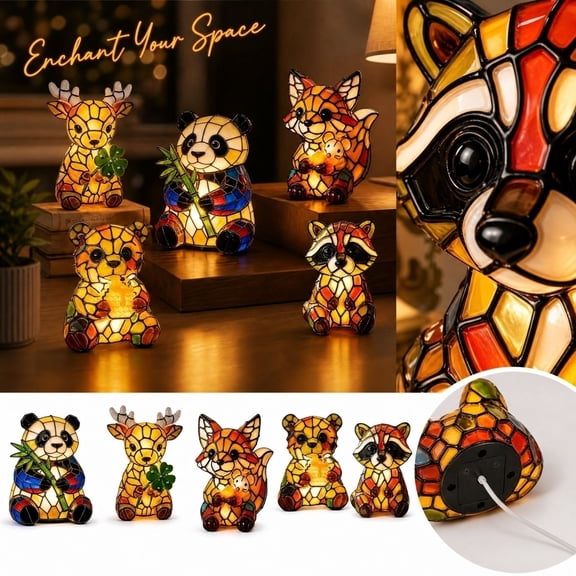 Table Lamp, Cute Night Light, Stained Glass Style Deer Home Decor Living Room, Small Resin Table Light for Bedroom, 1Pc 6X5X5 Inch Decorative Mood Lighting for End Tables, Shelves