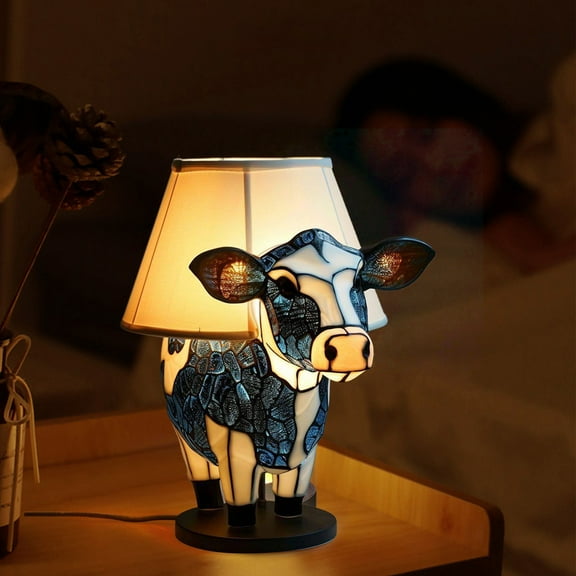 Table Lamp, Czzoypi Vintage Resin Cow Night Light, USB Powered LED Bedside Illuminated Calf Table Lamp for Home Decor