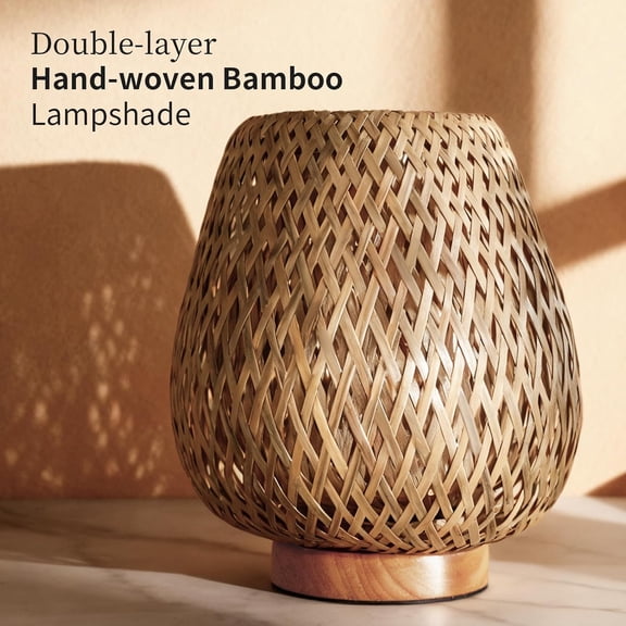 Table Lamp with Double Layer Woven Shade Wood Base,Desk Bedside Small Lamps with 6ft Power Cord, 110V Plug, Dimmable E26 Socket (Bulb Included) for Living Room Night Stands Bedroom