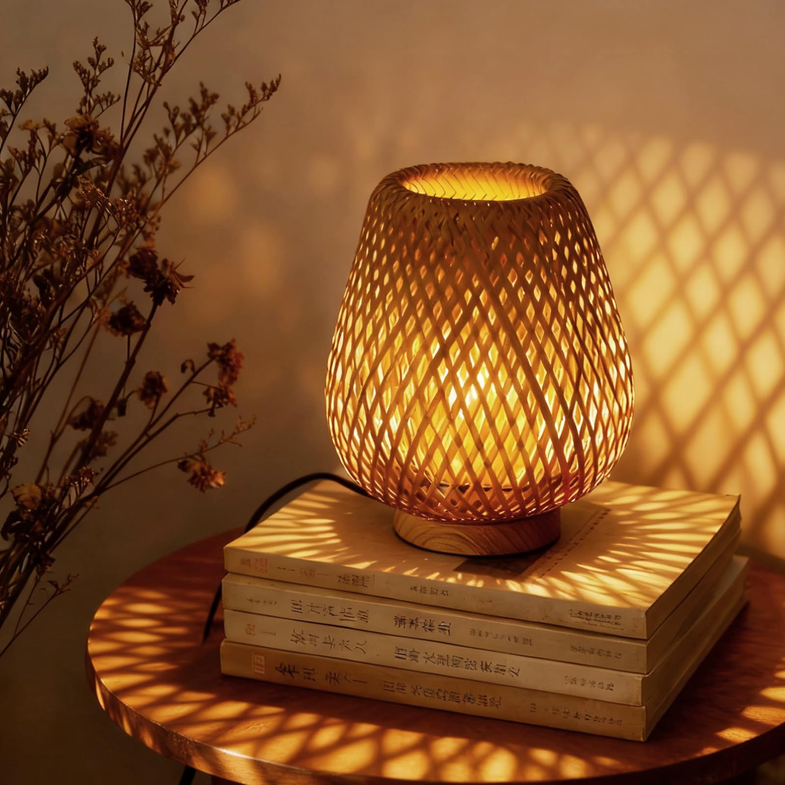 Table Lamp With Double Layer Woven Shade Wood Base Desk Bedside Small ...