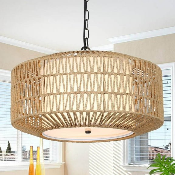Table Lamp Farmhouse Chandelier Light Fixture,4-Light Rattan Boho Chandeliers for Dining Room with Fabric Shade,Hand Woven Large Rattan Dining Room Light Fixture for Kitchen Bedroom Island Hallway,Be