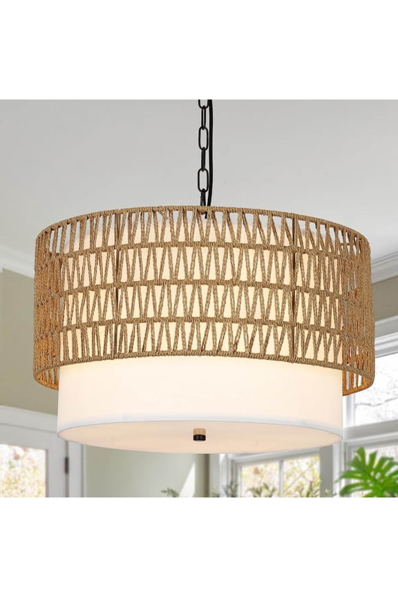 Table Lamp Farmhouse Chandeliers for Dining Room,5-Light Rattan Boho Chandelier Light Fixture with Fabric Shade,Hand Woven Large Rattan Dining Room Light Fixture for Kitchen Bedroom Island Hallway,Be
