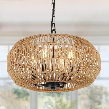 Table Lamp Farmhouse Rattan Pendant Lights, 15.7" 4-Light Boho Chandelier Light Fixture, Wicker Hand Woven Basket Pendant Hanging for Dining Room Living Room Kitchen Island Bedroom Foyer, Height Adju